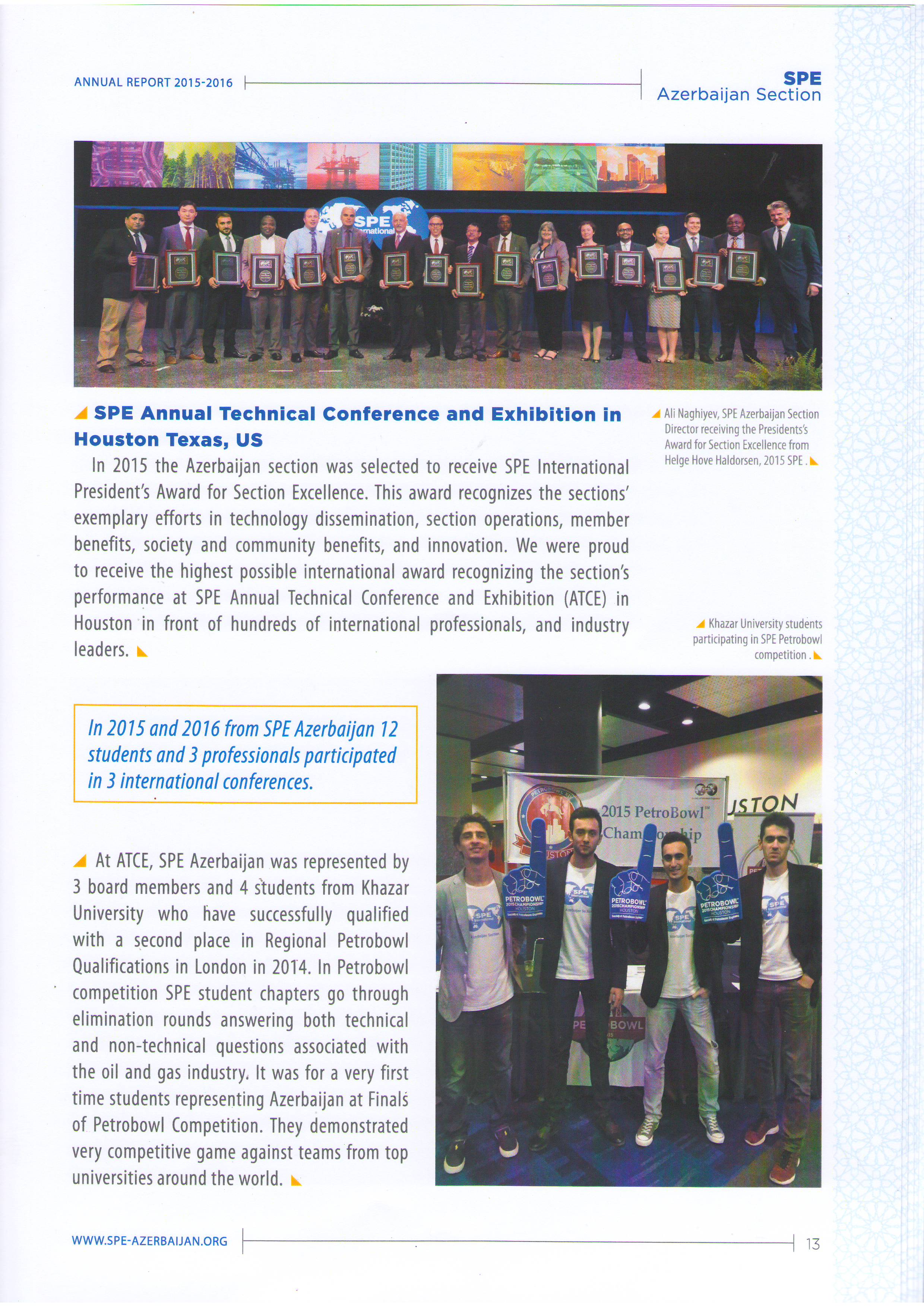 Article about Students’ PetroBowl Success in SPE Annual Report