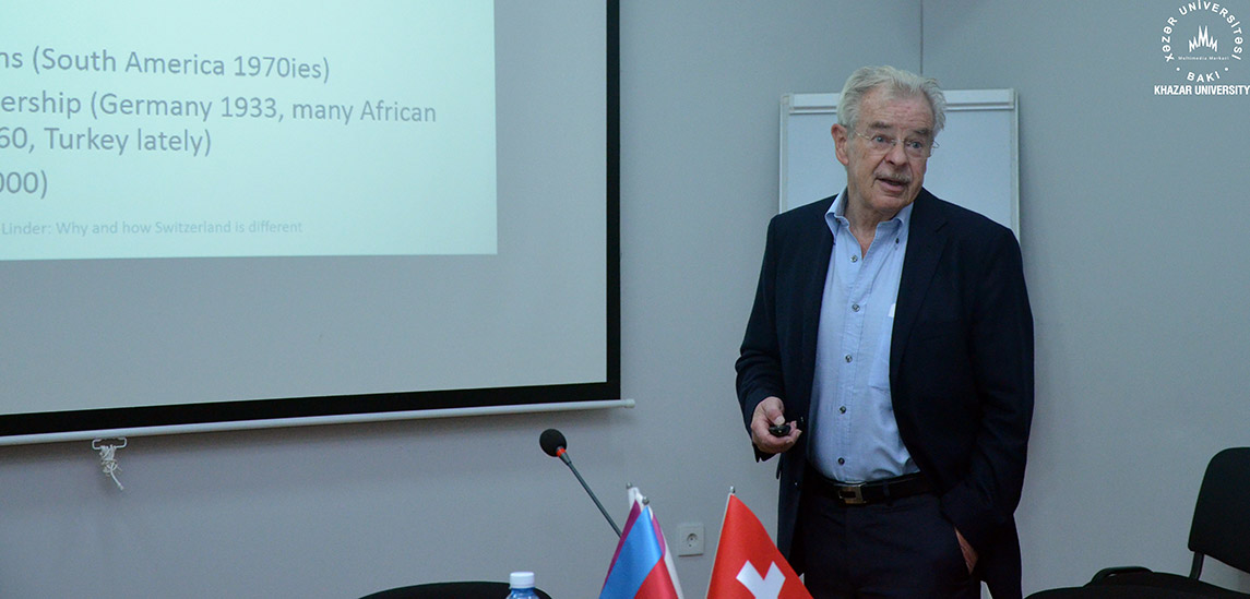 Guest lecturer: Dr. Wolf Linder delivers a lecture at Khazar University