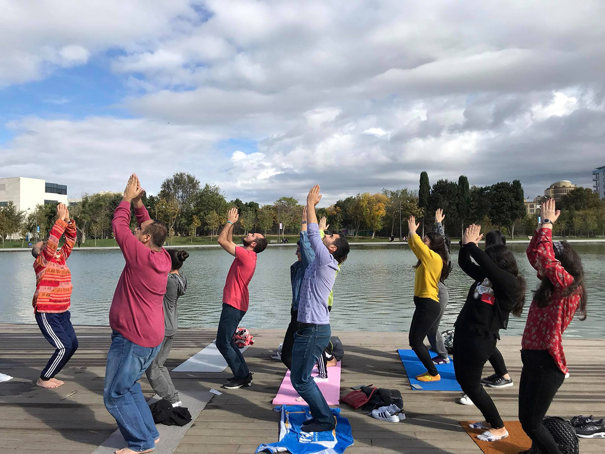 Students take part in a yoga training