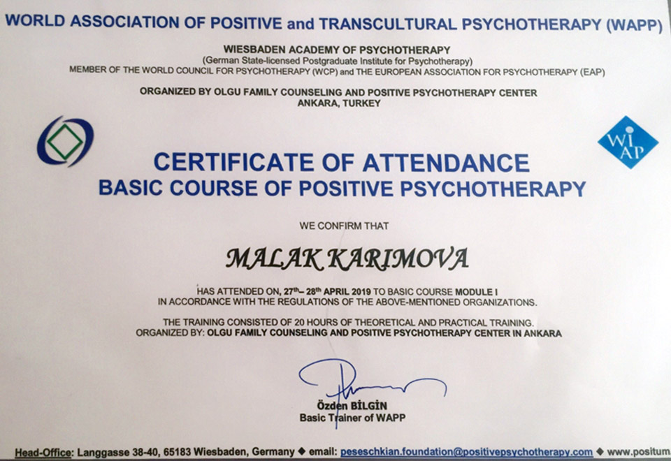 Khazar University’s Employee in “Positive Psychotherapy” Training