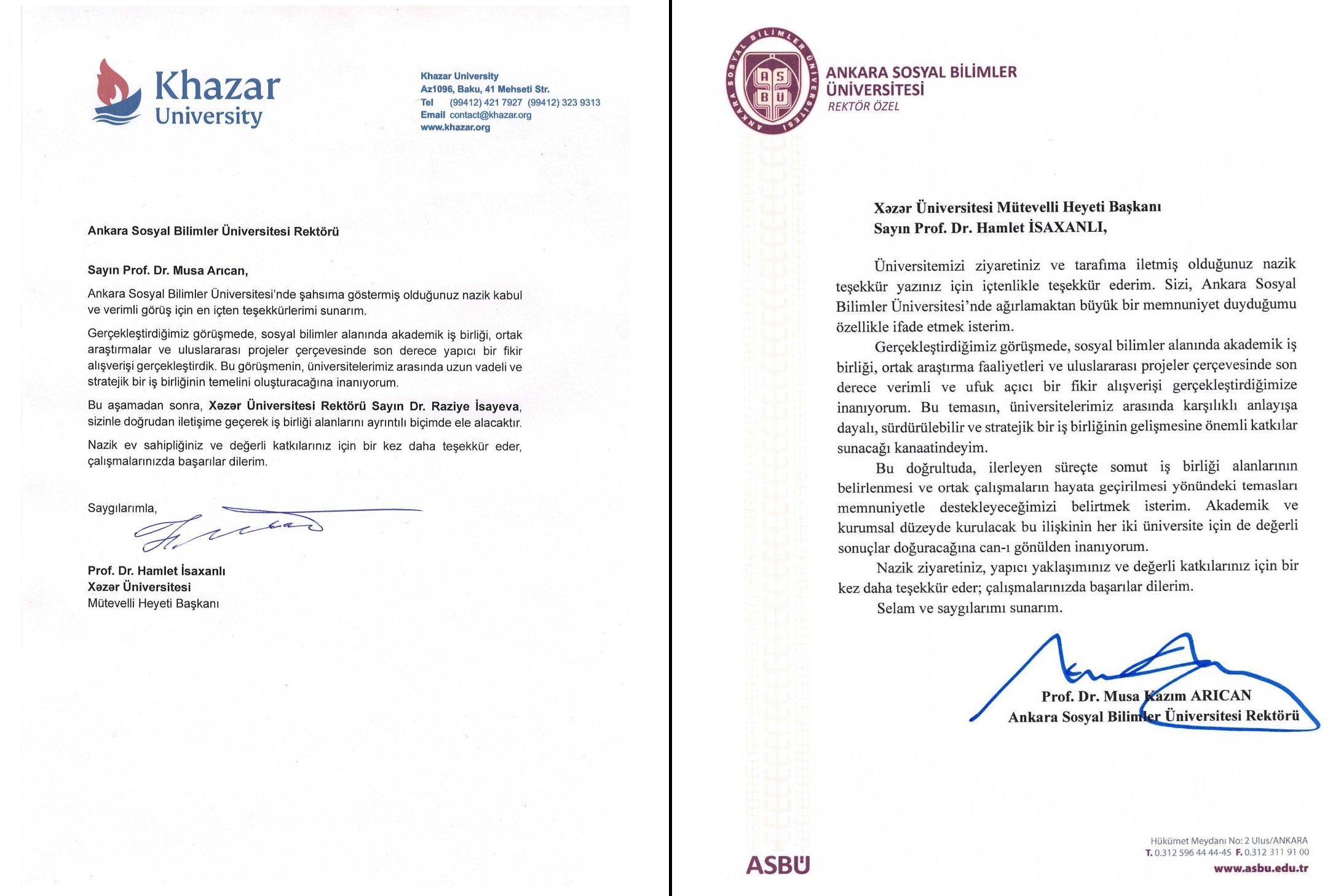 Xəzər Universiteti -  Ankara Sosyal Bilimler Universitesi: Təşəkkür məktubları