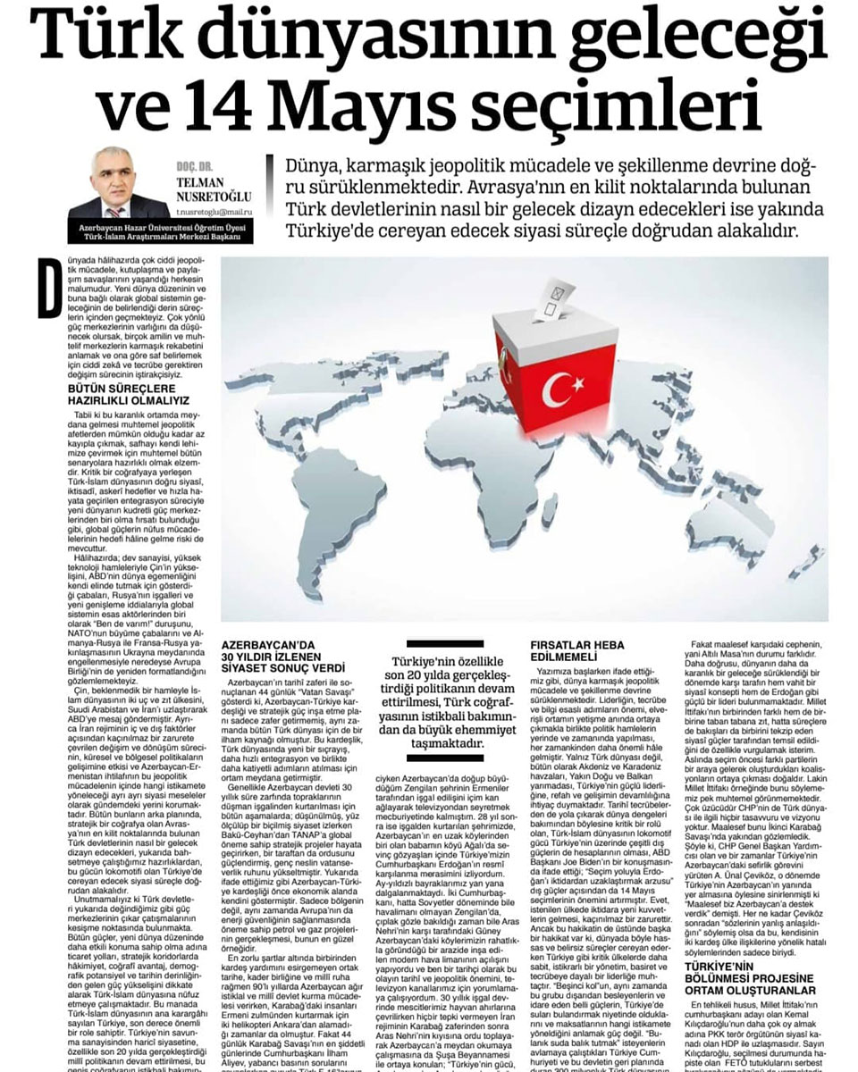 Article by History and Archeology Department Head in "Türkiye" Newspaper