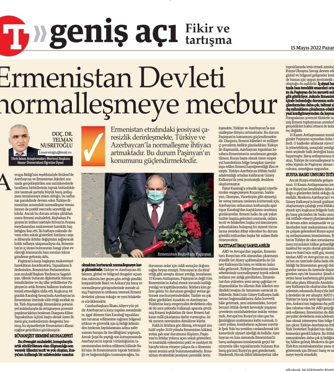 Article by Department Head in "Turkiye" newspaper